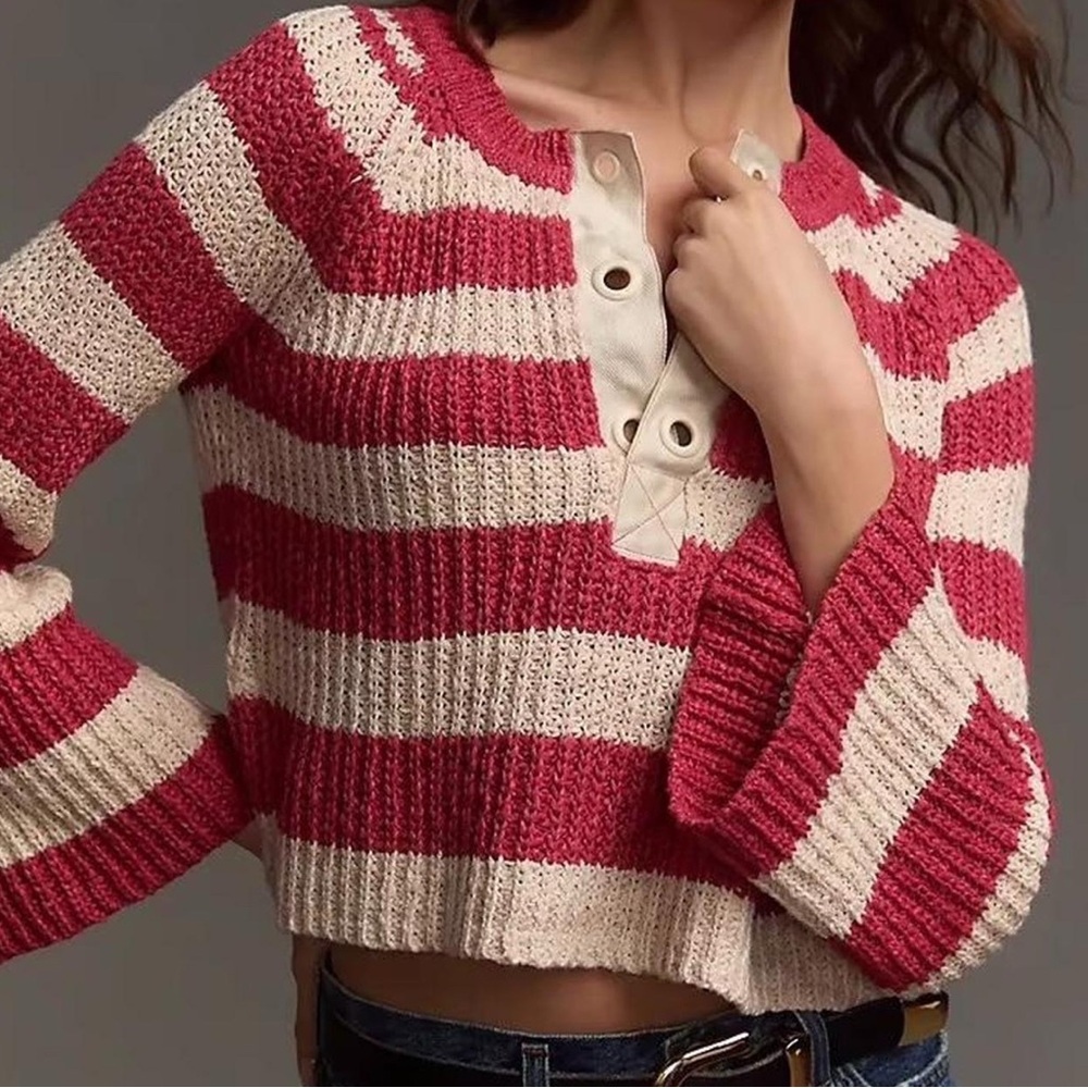 Anthropologie Pilcro Sweater | Pink & White Bell Sleeve V-Neck